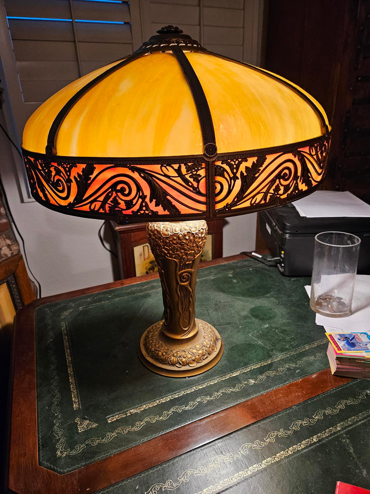 1910s Charles Parker Art Nouveau Slag Glass Table Lamp antique