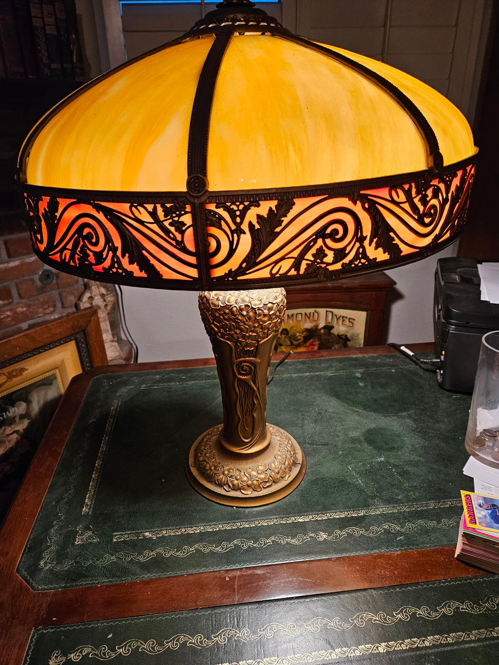 1910s Charles Parker Art Nouveau Slag Glass Table Lamp antique