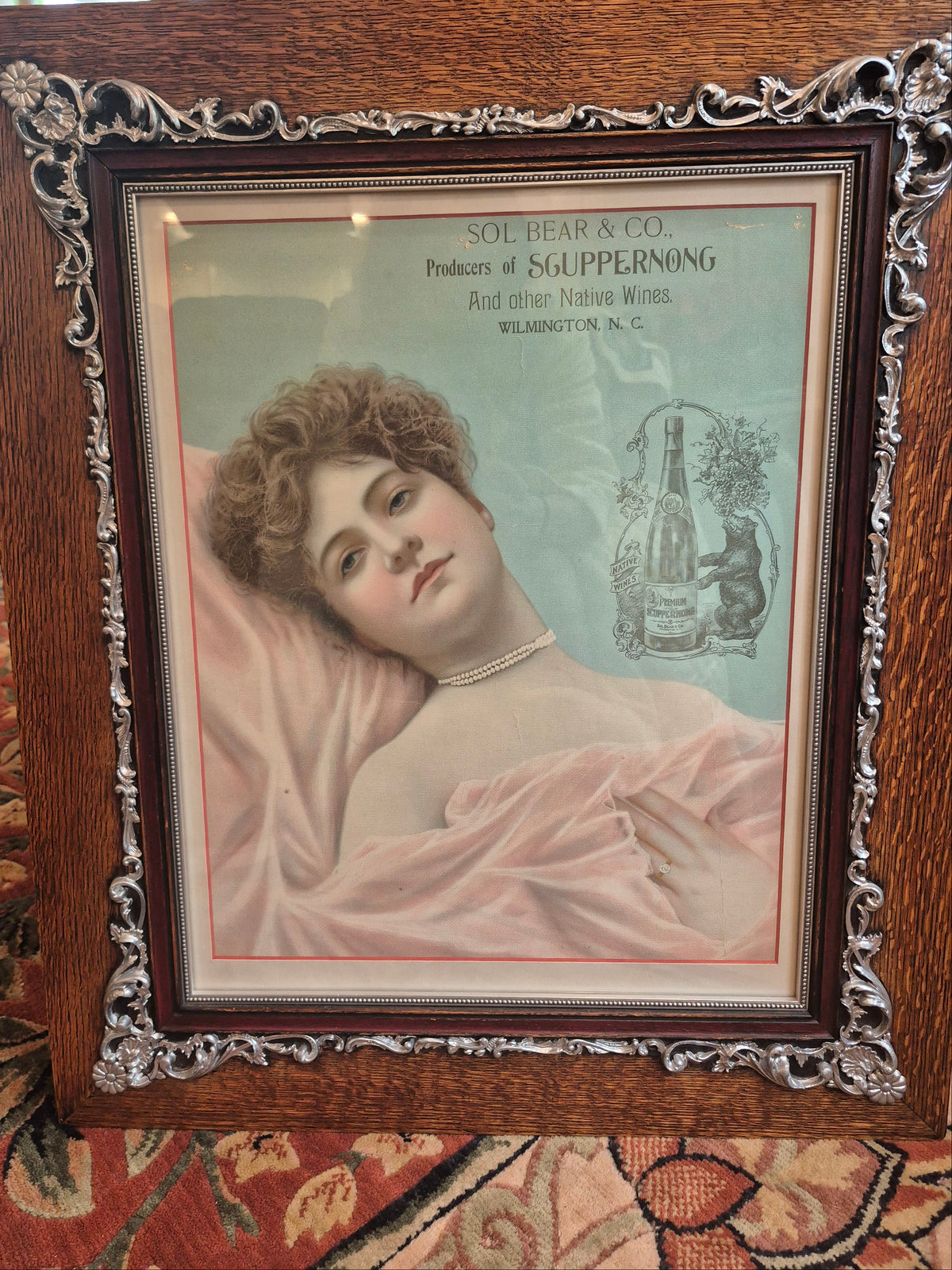 1900s Sol Bear & Co Lithograph Advertisement Scuppernong wines Original Framed antique