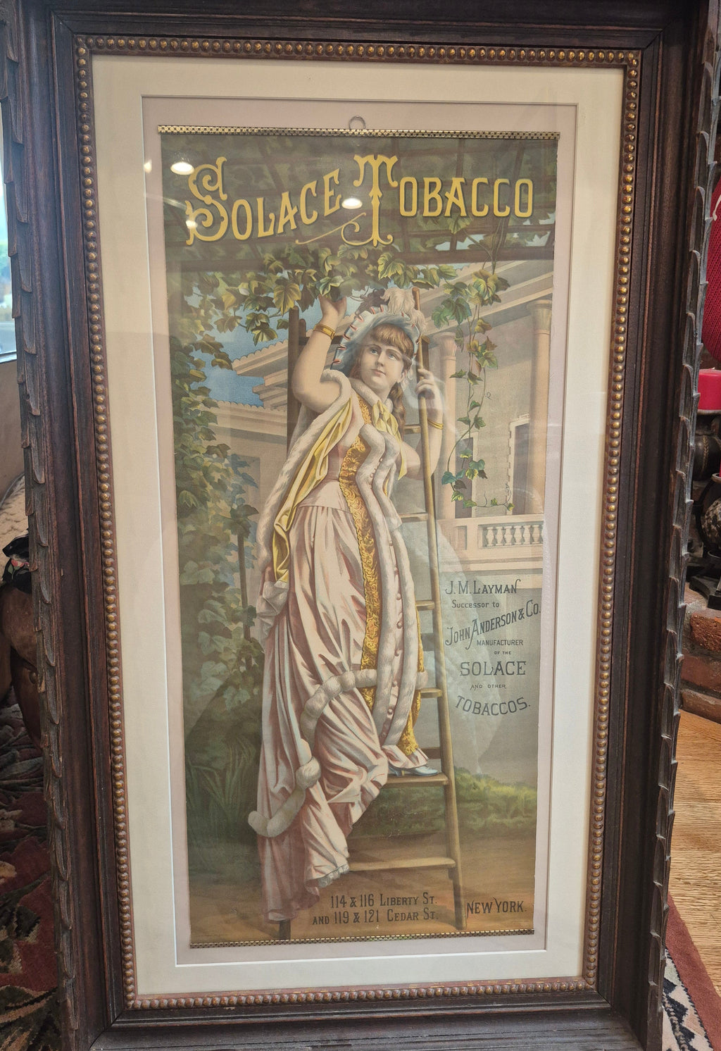 1880 Antique Solace Tobacco victorian original Lithograph framed advertisement