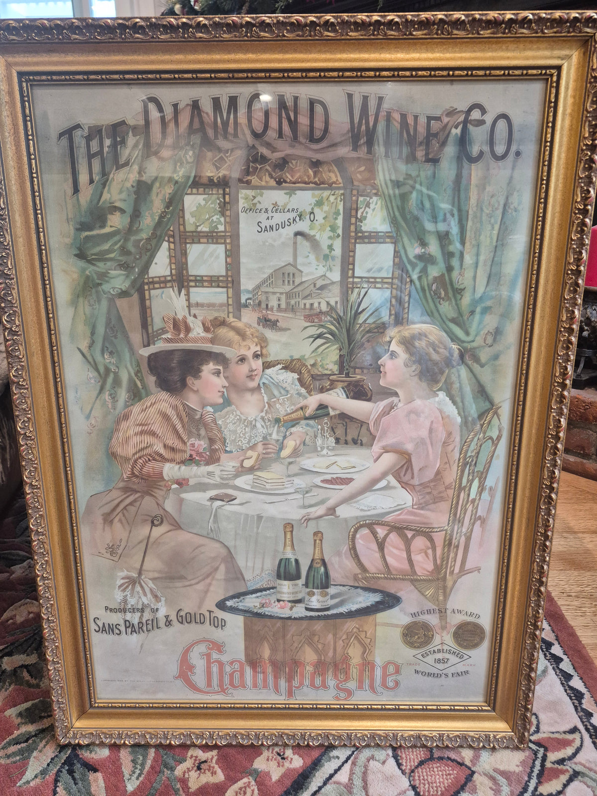 1896 Diamond Wine Co Lithograph Champagne Sandusky Ohio Original Framed antique 1890s