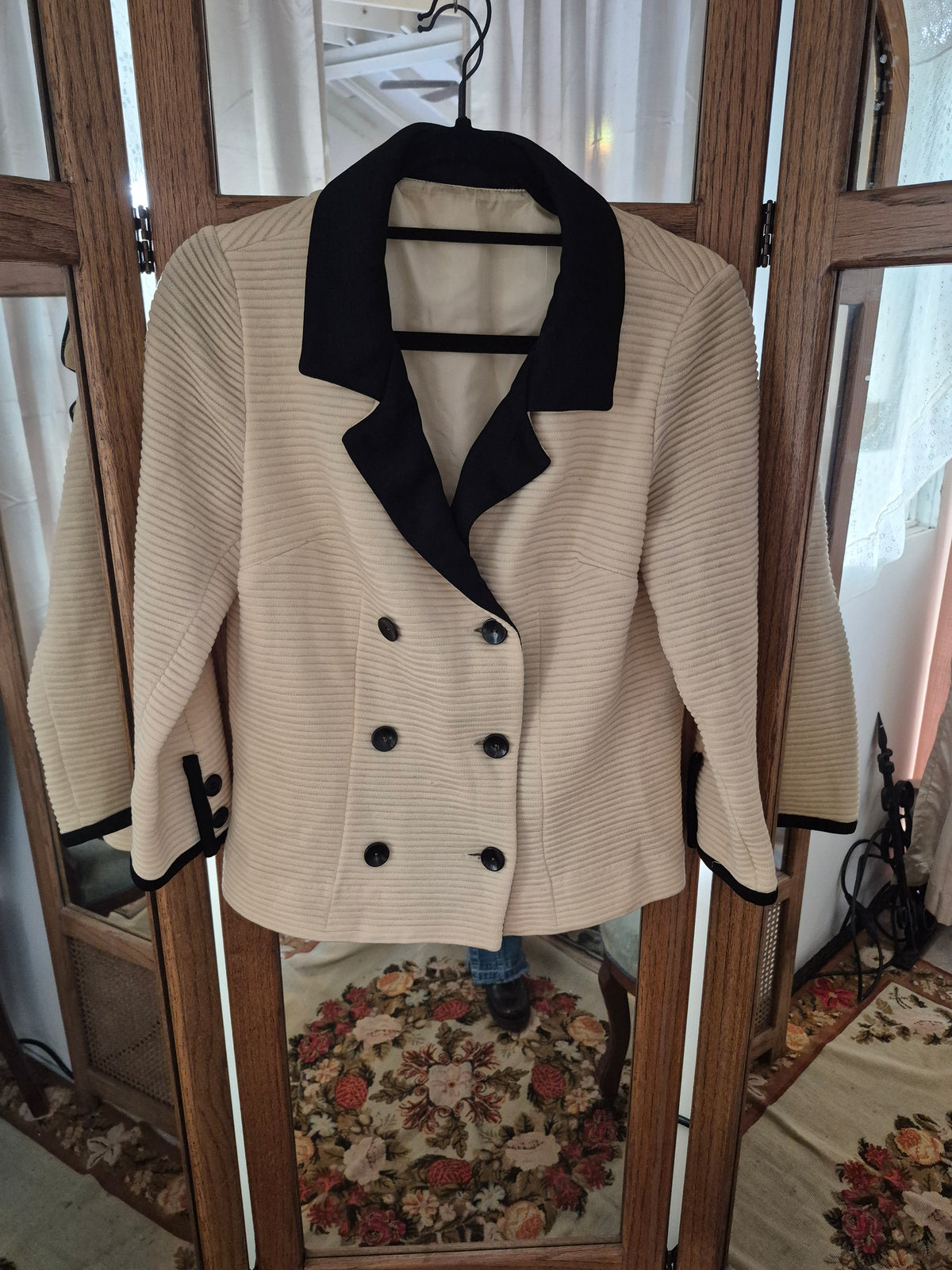 1960s Camelon Knit Jacket - Cream & Black Double-Breasted Blazer