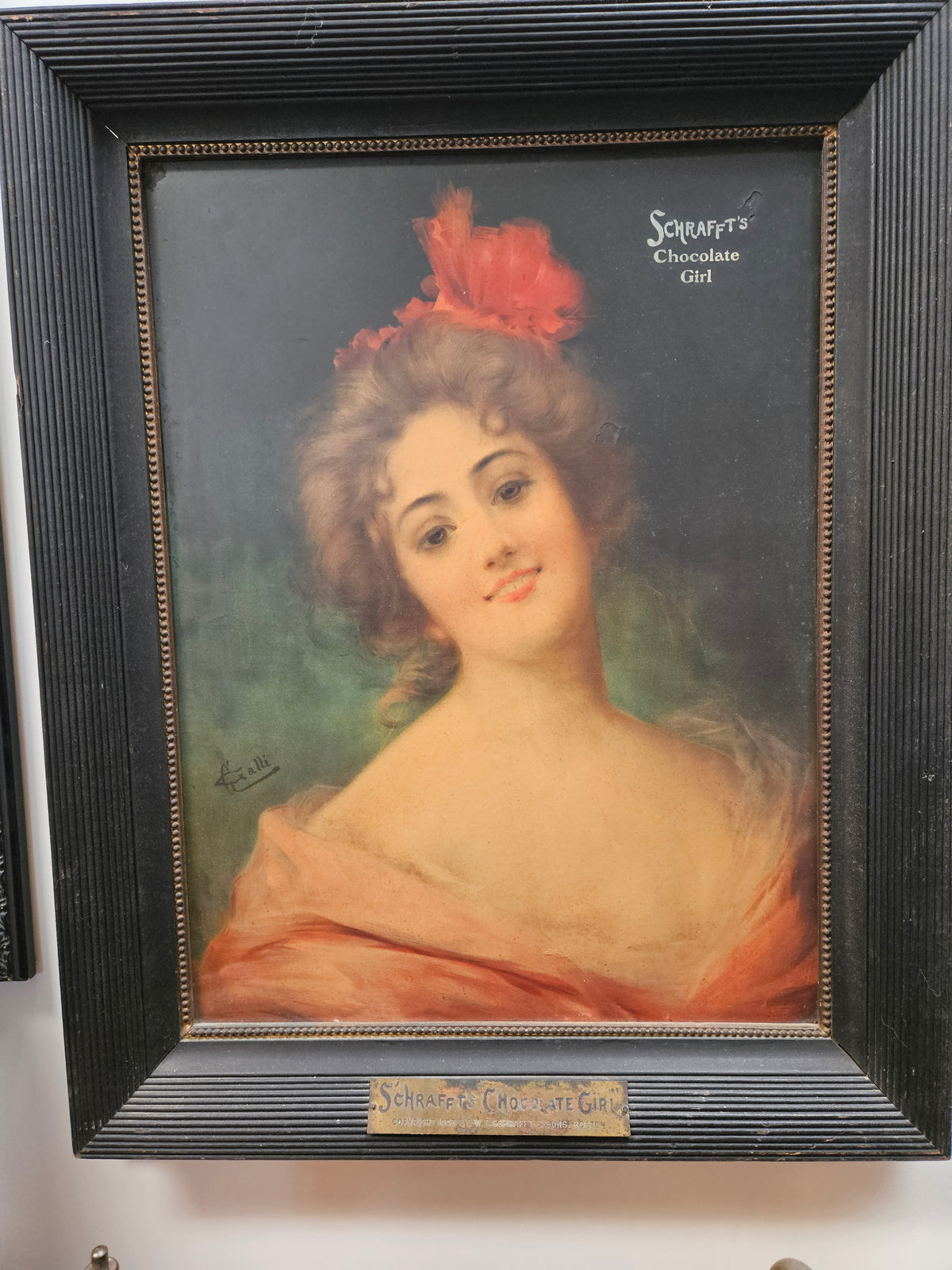 1900s Schrafft's Chocolate Girl Advertising Print Original Canvas Framed antique