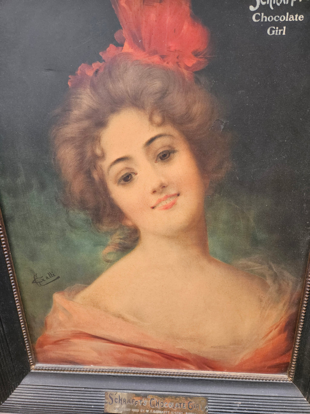 1900s Schrafft's Chocolate Girl Advertising Print Original Canvas Framed antique