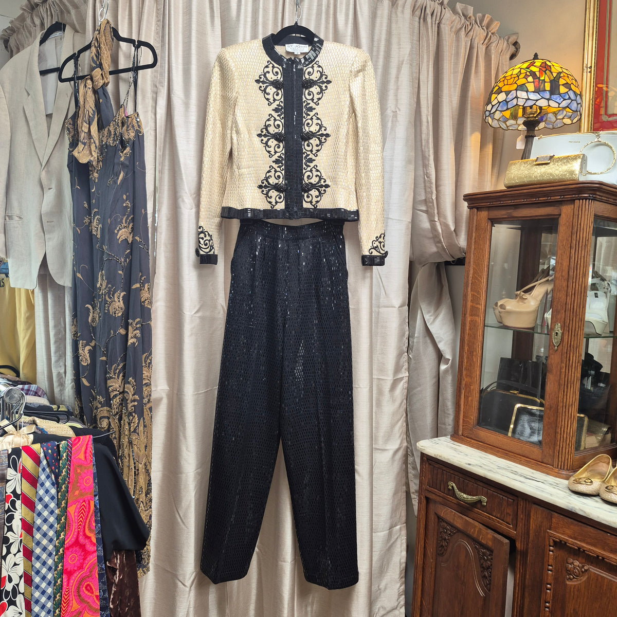 1990s St. John Evening Cream and Black Sequin Pants Suit