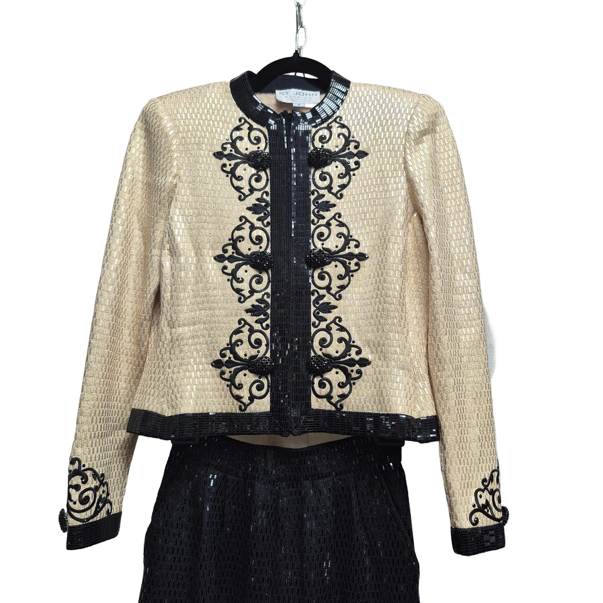 1990s St. John Evening Cream and Black Sequin Pants Suit