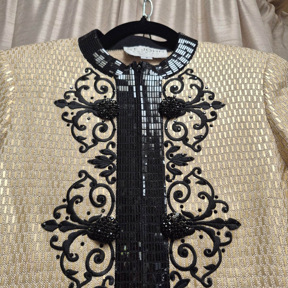 1990s St. John Evening Cream and Black Sequin Pants Suit