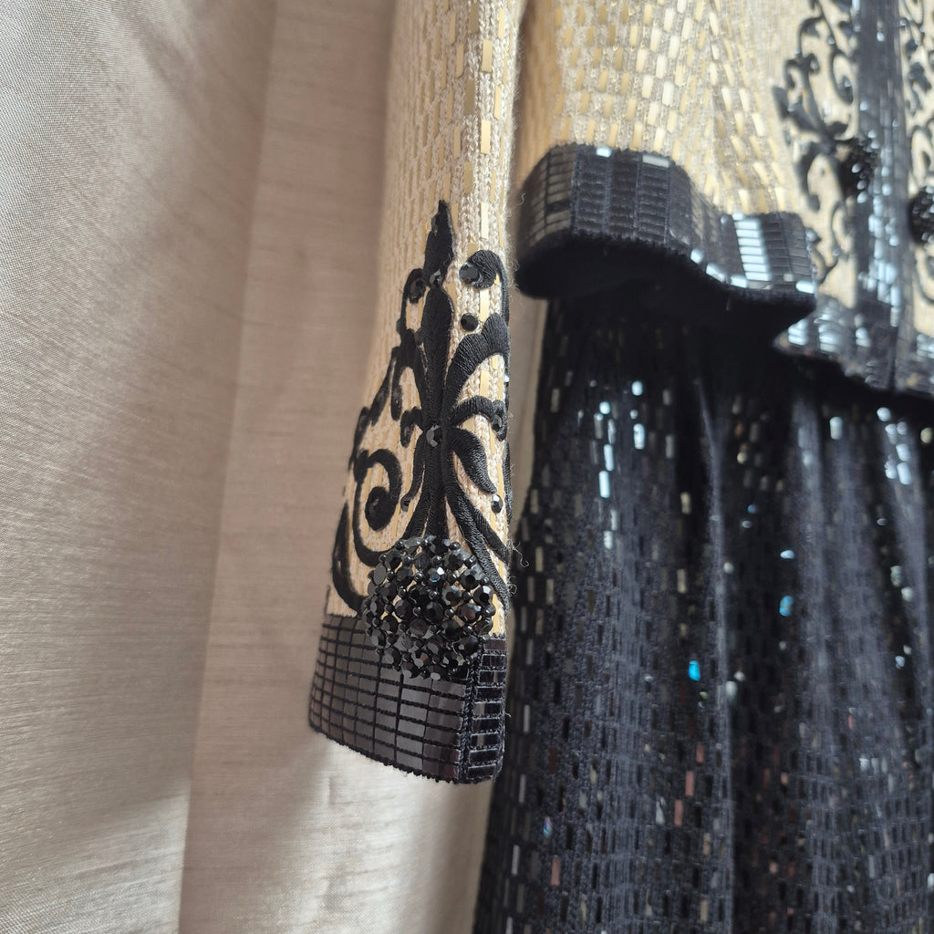 1990s St. John Evening Cream and Black Sequin Pants Suit