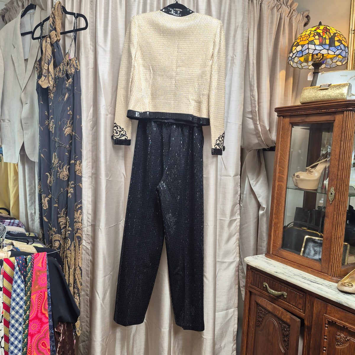 1990s St. John Evening Cream and Black Sequin Pants Suit
