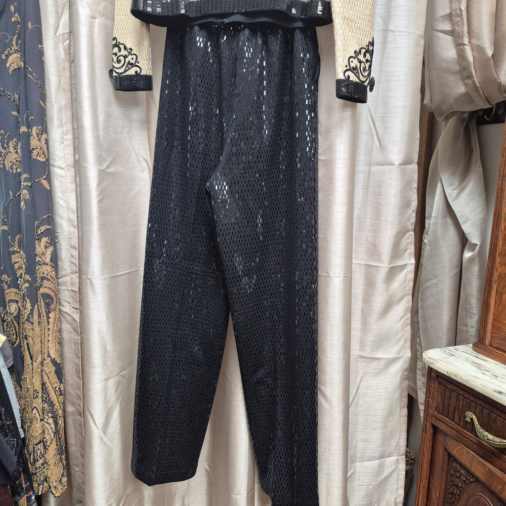 1990s St. John Evening Cream and Black Sequin Pants Suit