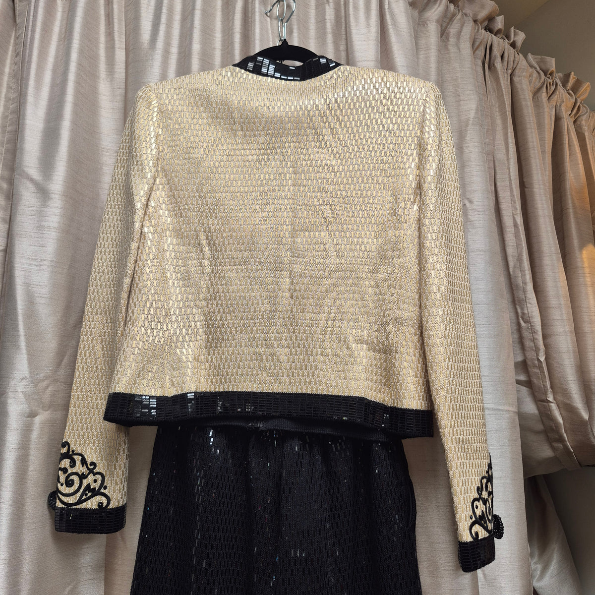 1990s St. John Evening Cream and Black Sequin Pants Suit
