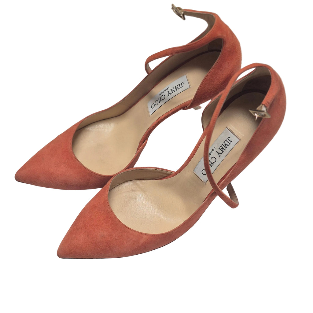 Jimmy Choo Lucy 100 Agate Orange Suede Ankle Strap Pumps