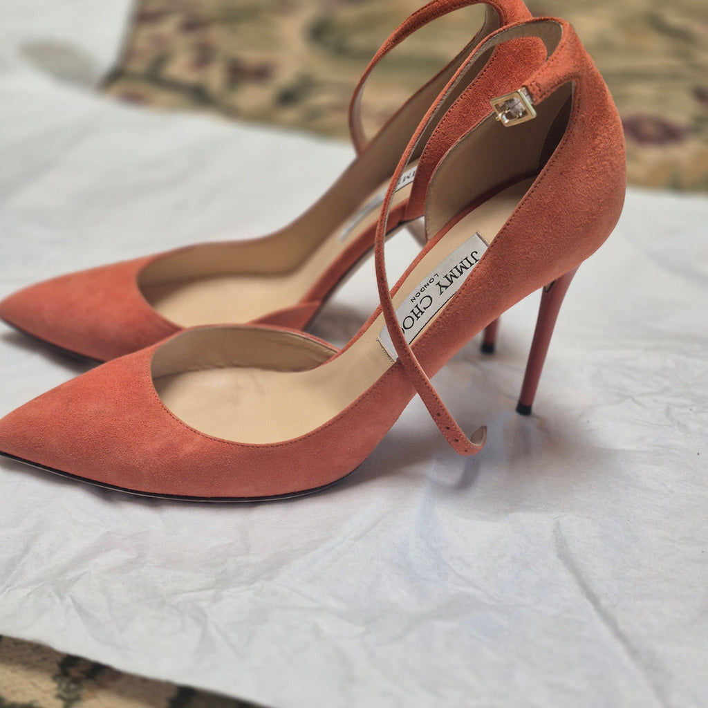 Jimmy Choo Lucy 100 Agate Orange Suede Ankle Strap Pumps