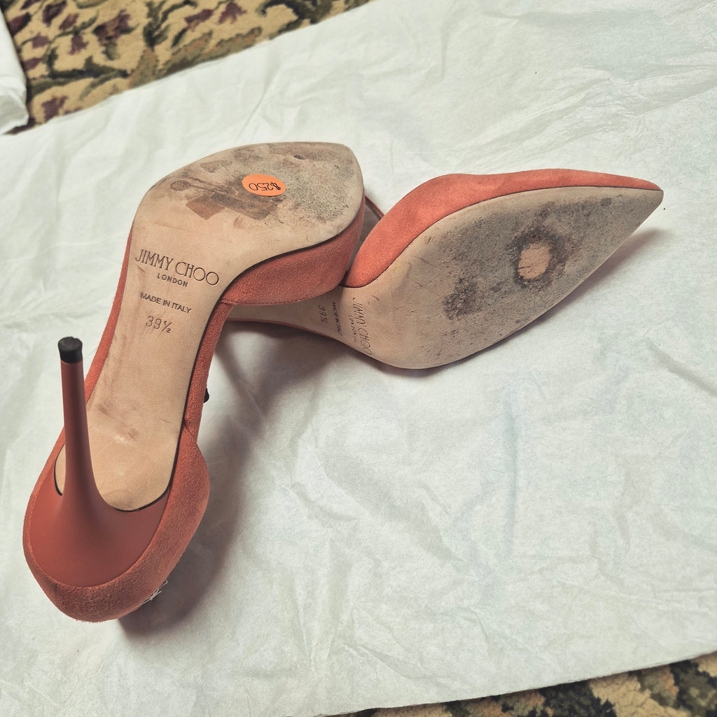 Jimmy Choo Lucy 100 Agate Orange Suede Ankle Strap Pumps