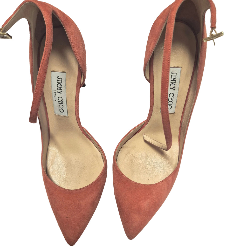 Jimmy Choo Lucy 100 Agate Orange Suede Ankle Strap Pumps