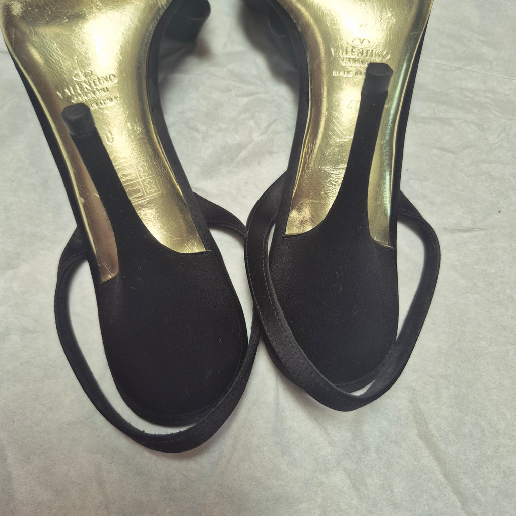 Valentino Garavani Black Satin Bow Slingback Sandals – Size 40