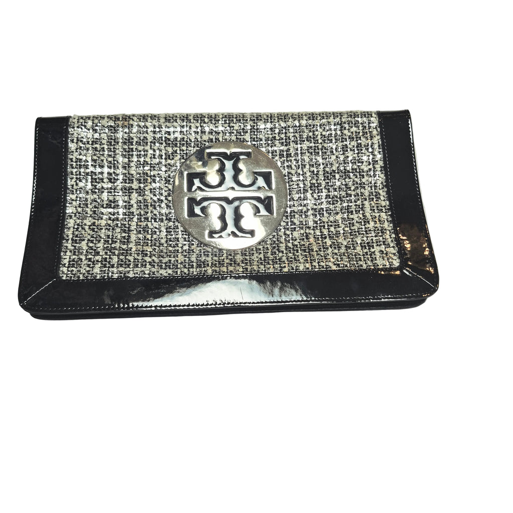 Vintage Tory Burch "Reva" Foldover Clutch Silver Tweed & Black