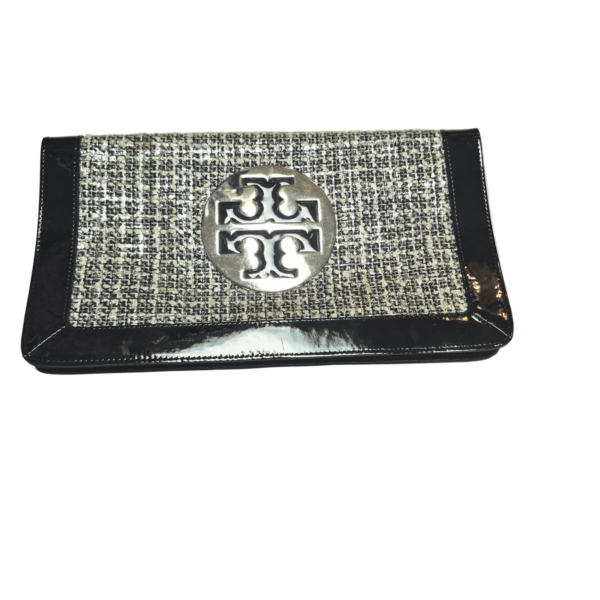 Vintage Tory Burch "Reva" Foldover Clutch Silver Tweed & Black