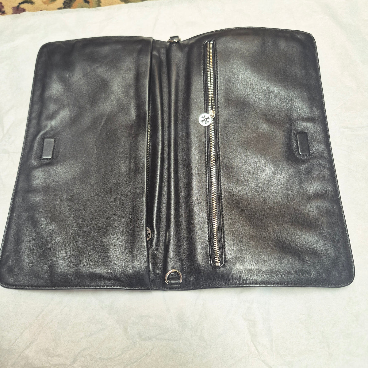 Vintage Tory Burch "Reva" Foldover Clutch Silver Tweed & Black