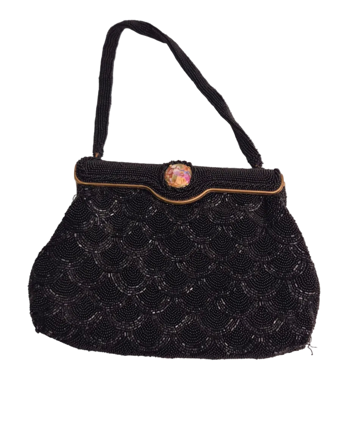 1960s Carry Bags Vintage made in France Black Beaded Evening Bag gold courting clasp