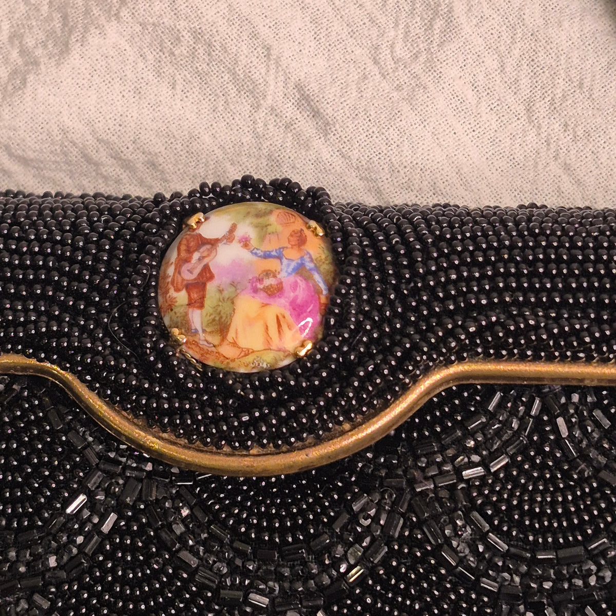 1960s Carry Bags Vintage made in France Black Beaded Evening Bag gold courting clasp