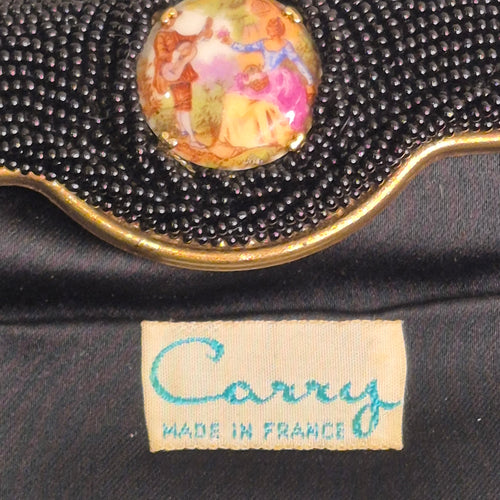 1960s Carry Bags Vintage made in France Black Beaded Evening Bag gold courting clasp