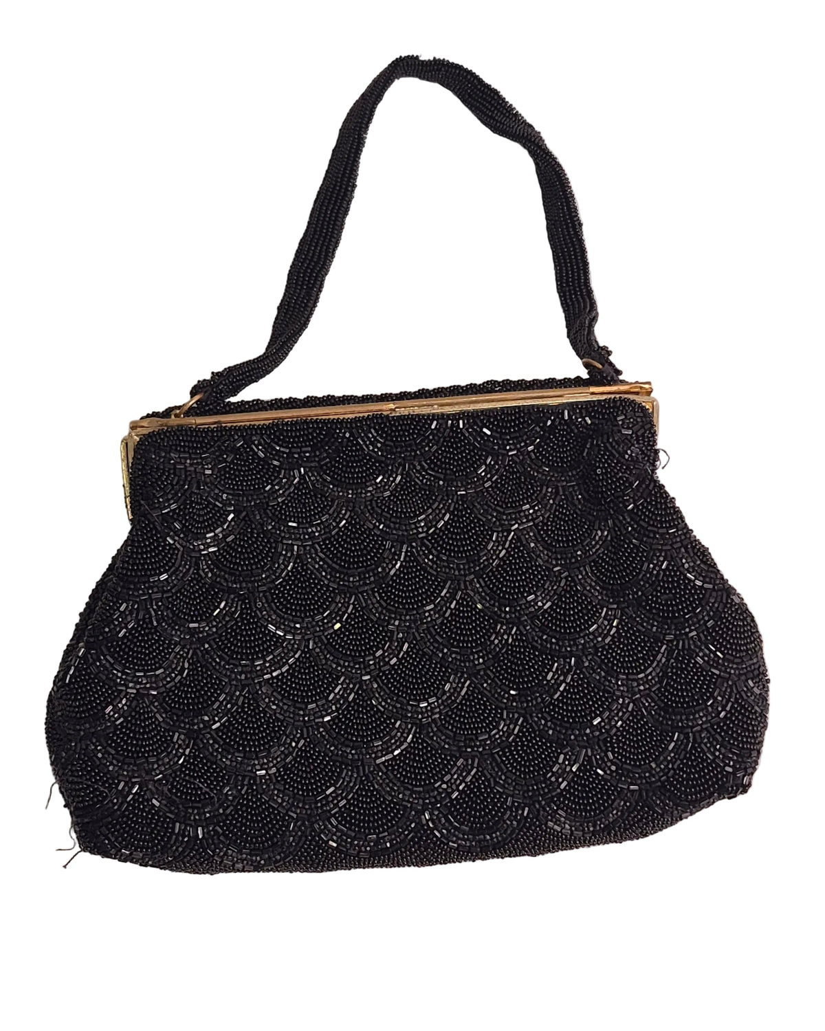 1960s Carry Bags Vintage made in France Black Beaded Evening Bag gold courting clasp