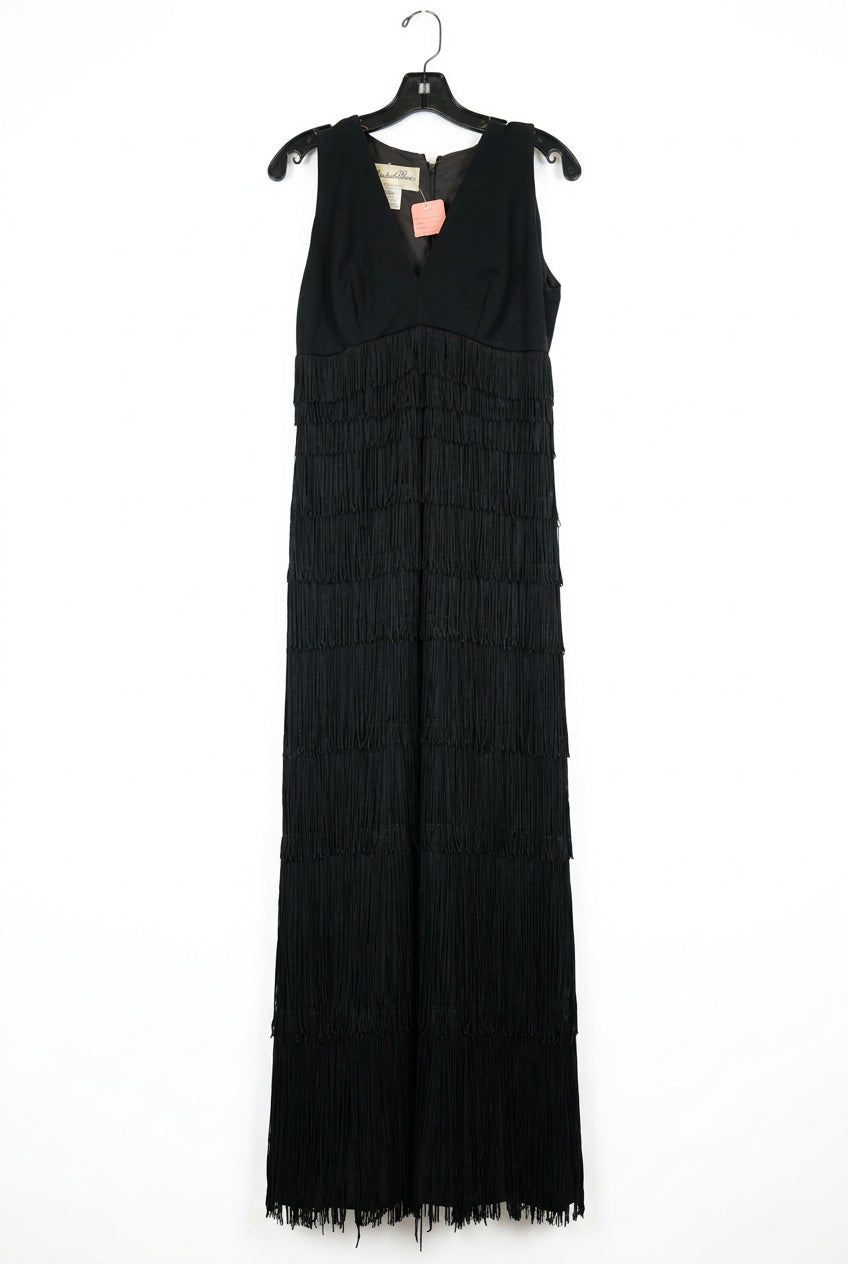 1960s Mr. Blackwell Custom Tiered Fringe Maxi Dress - Black Crepe Gown Vintage