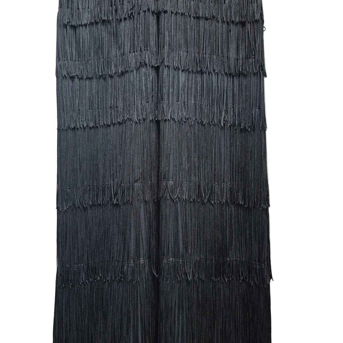 1960s Mr. Blackwell Custom Tiered Fringe Maxi Dress - Black Crepe Gown Vintage