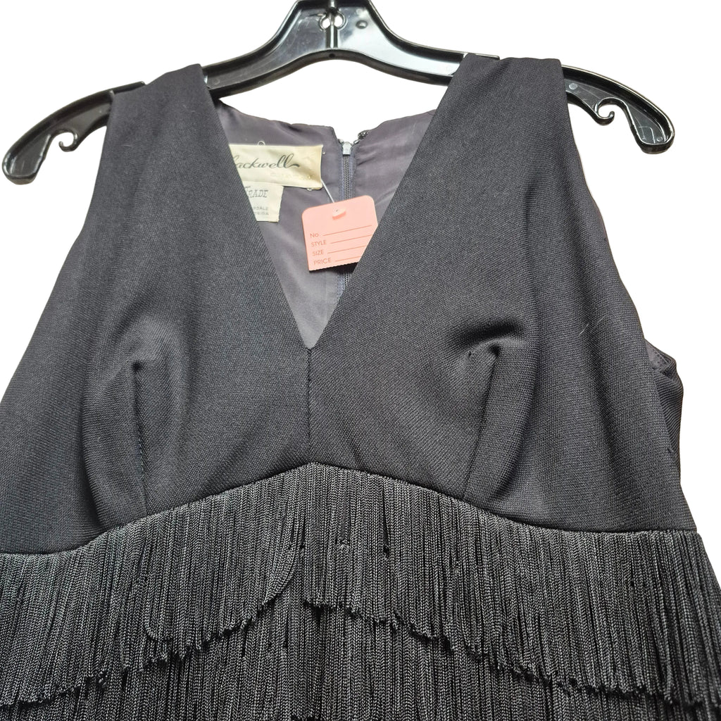 1960s Mr. Blackwell Custom Tiered Fringe Maxi Dress - Black Crepe Gown Vintage