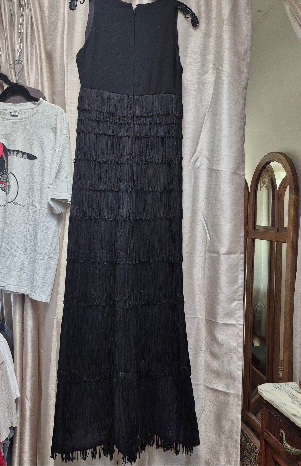1960s Mr. Blackwell Custom Tiered Fringe Maxi Dress - Black Crepe Gown Vintage