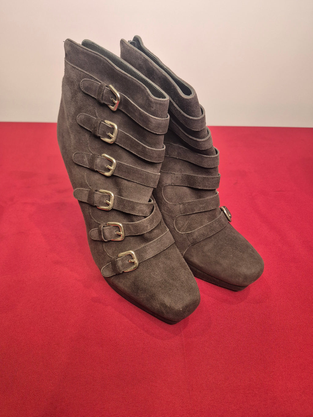 Stuart Weitzman Goforward Charcoal Gray Suede Multi-Strap Buckle Booties - Size 11M