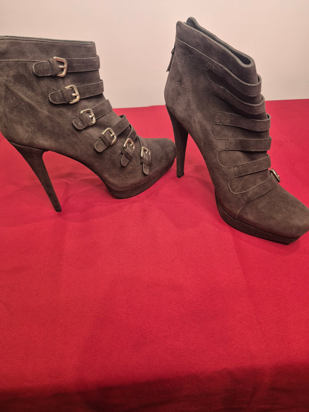 Stuart Weitzman Goforward Charcoal Gray Suede Multi-Strap Buckle Booties - Size 11M