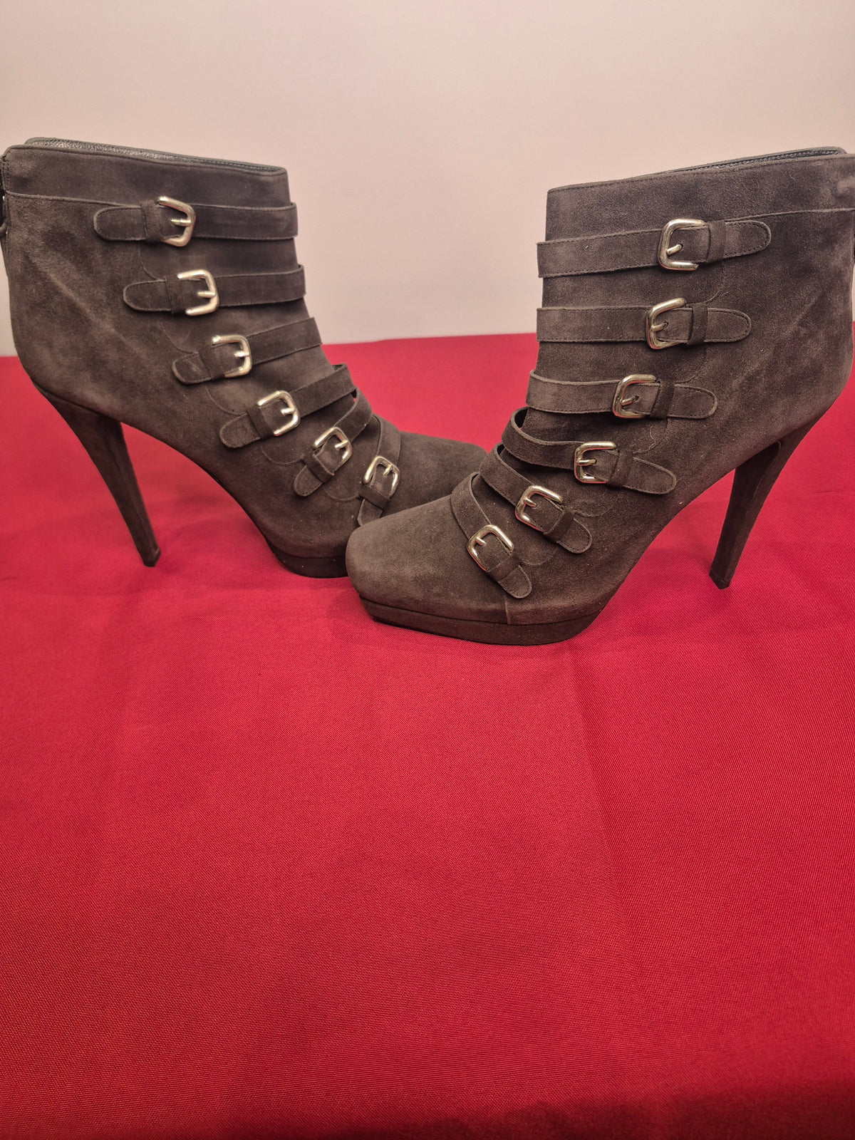 Stuart Weitzman Goforward Charcoal Gray Suede Multi-Strap Buckle Booties - Size 11M