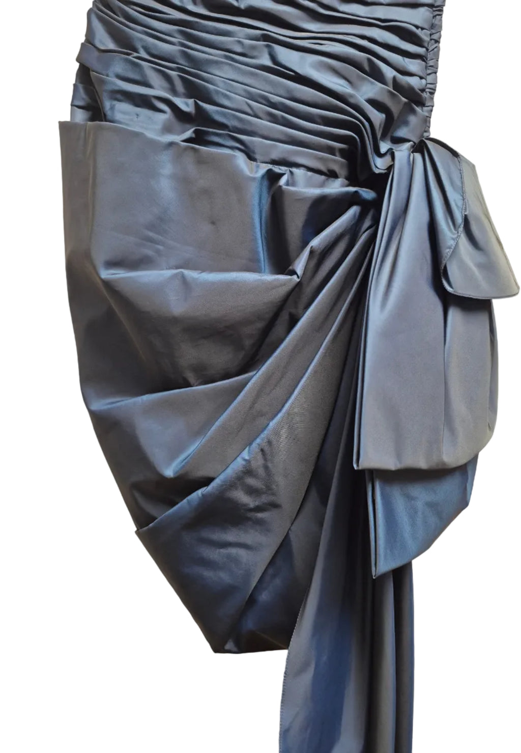 1980s Victor Costa Navy Blue Ruched Taffeta Cocktail Dress with Dramatic Bow