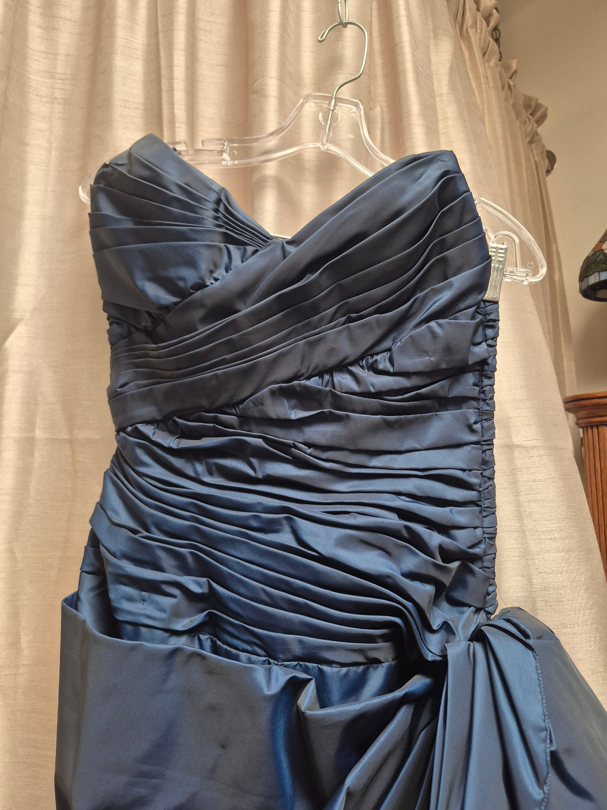1980s Victor Costa Navy Blue Ruched Taffeta Cocktail Dress with Dramatic Bow