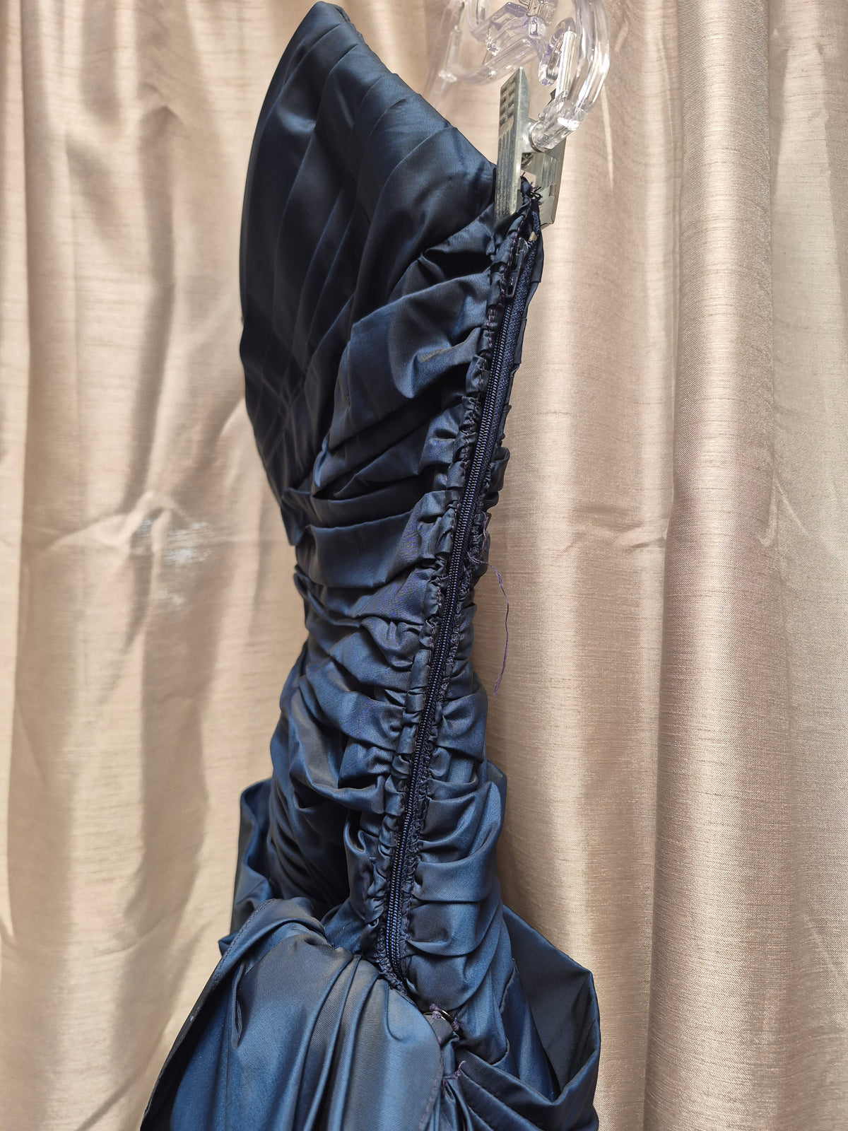 1980s Victor Costa Navy Blue Ruched Taffeta Cocktail Dress with Dramatic Bow