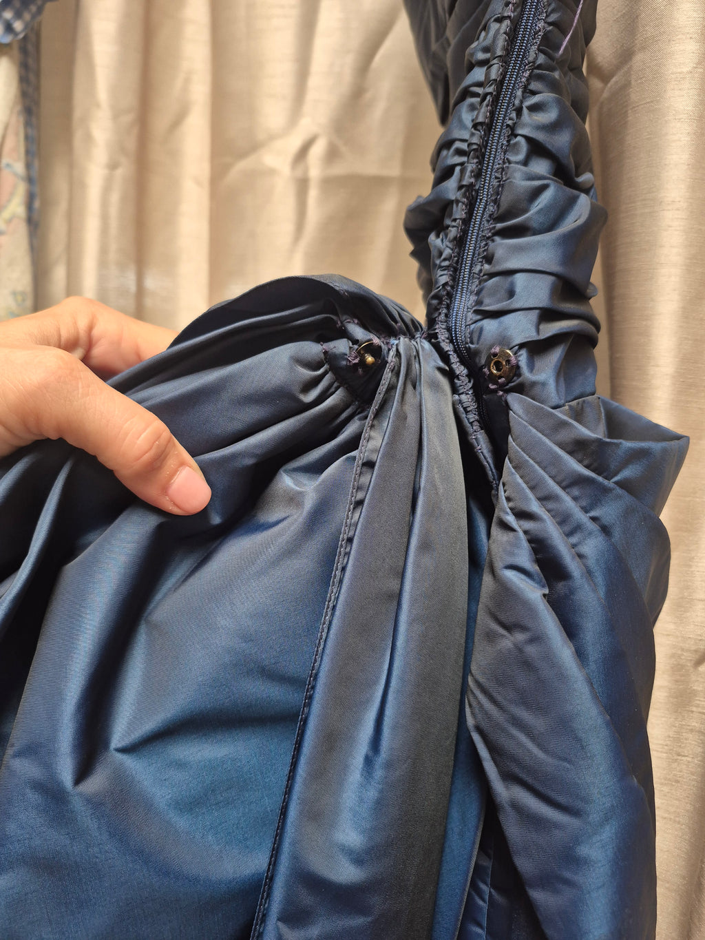 1980s Victor Costa Navy Blue Ruched Taffeta Cocktail Dress with Dramatic Bow