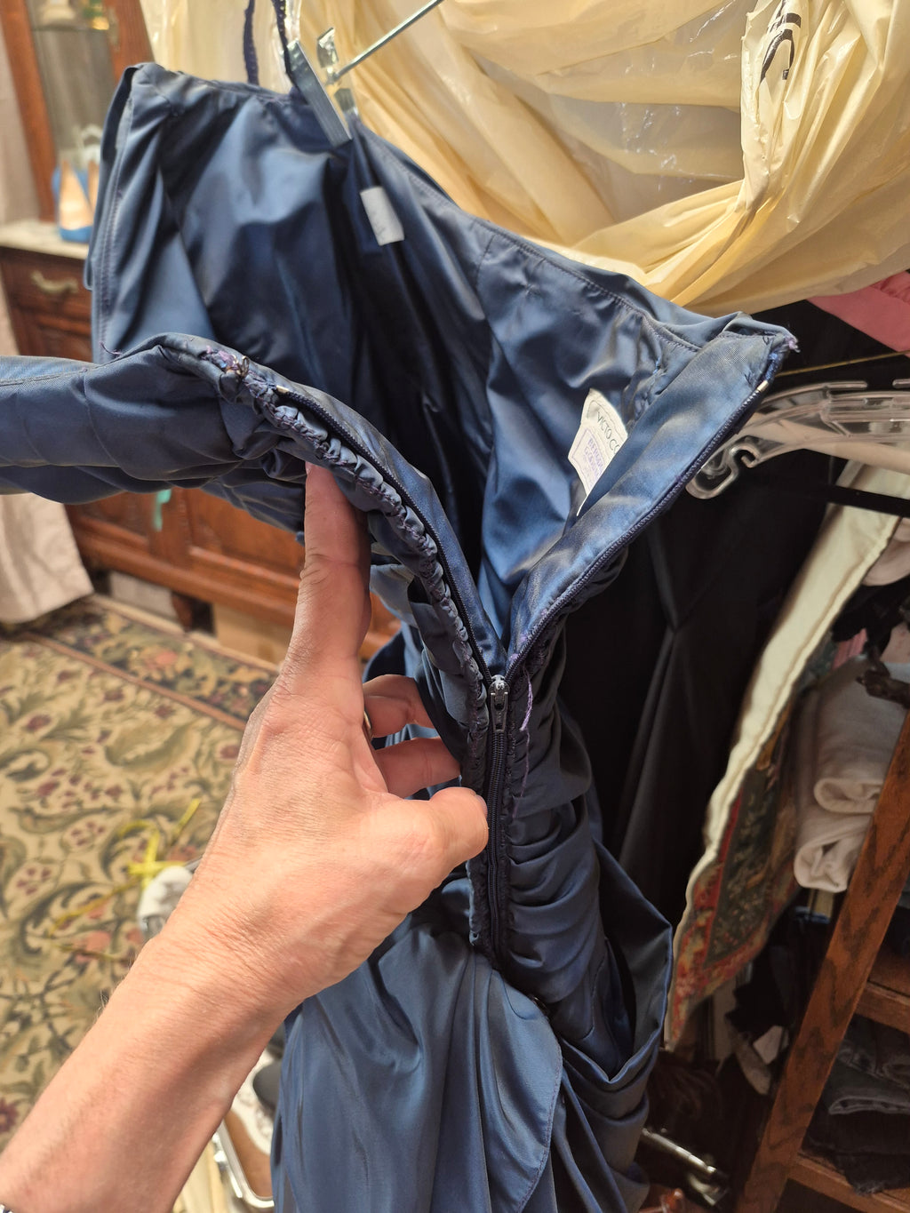 1980s Victor Costa Navy Blue Ruched Taffeta Cocktail Dress with Dramatic Bow