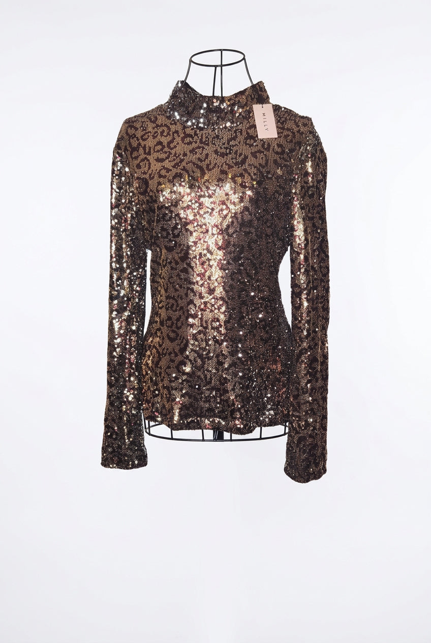 Milly Long-Sleeve Sequin Top Leopard design