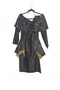Saint Romei 1980s Black Raw Silk Off-the-Shoulder Gold Polka Dot Dress, Size 6