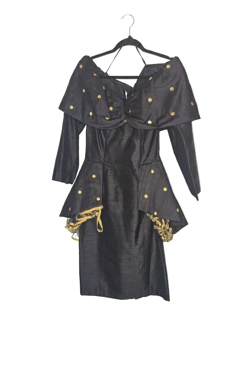 Saint Romei 1980s Black Raw Silk Off-the-Shoulder Gold Polka Dot Dress, Size 6