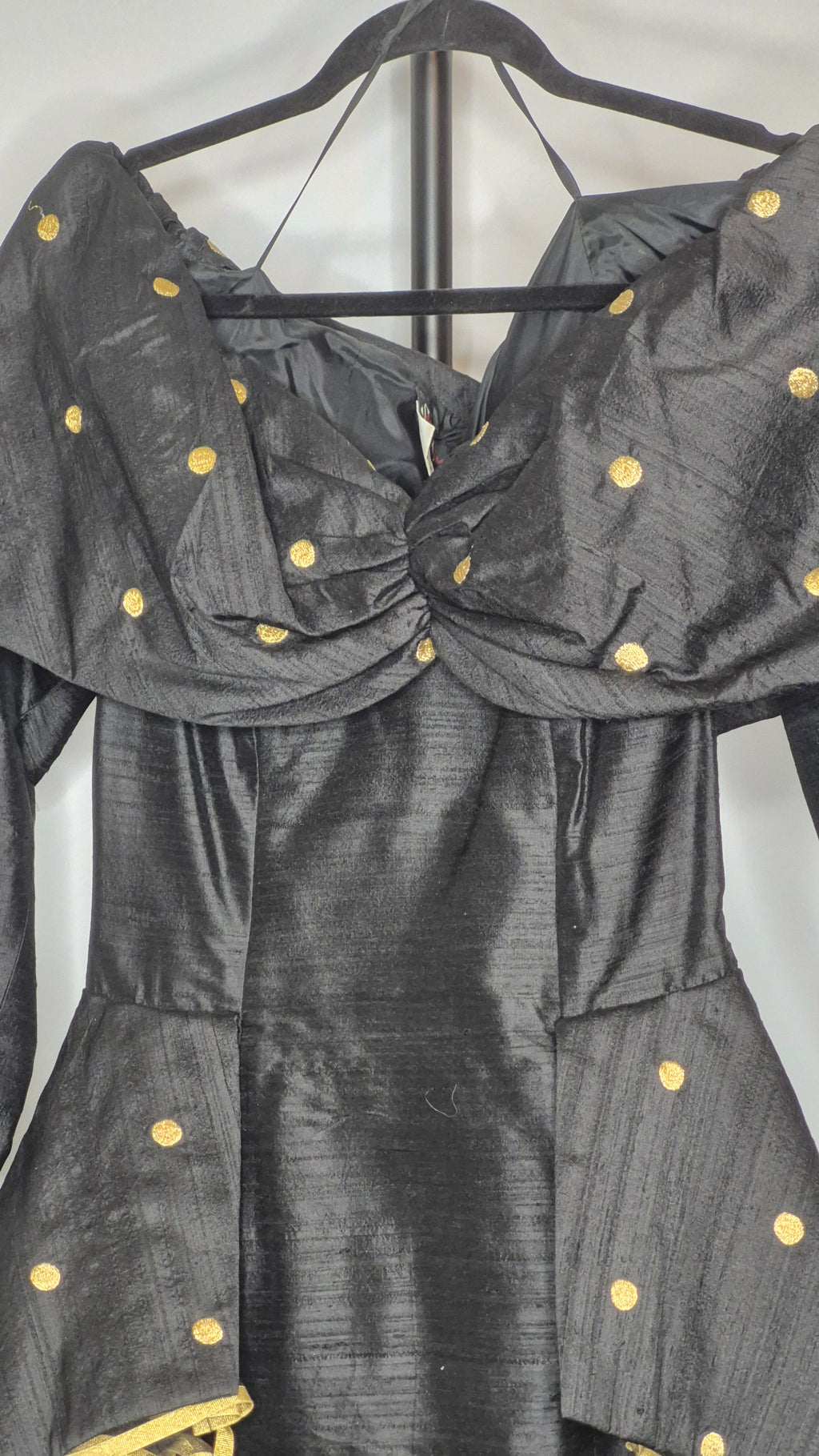 Saint Romei 1980s Black Raw Silk Off-the-Shoulder Gold Polka Dot Dress, Size 6