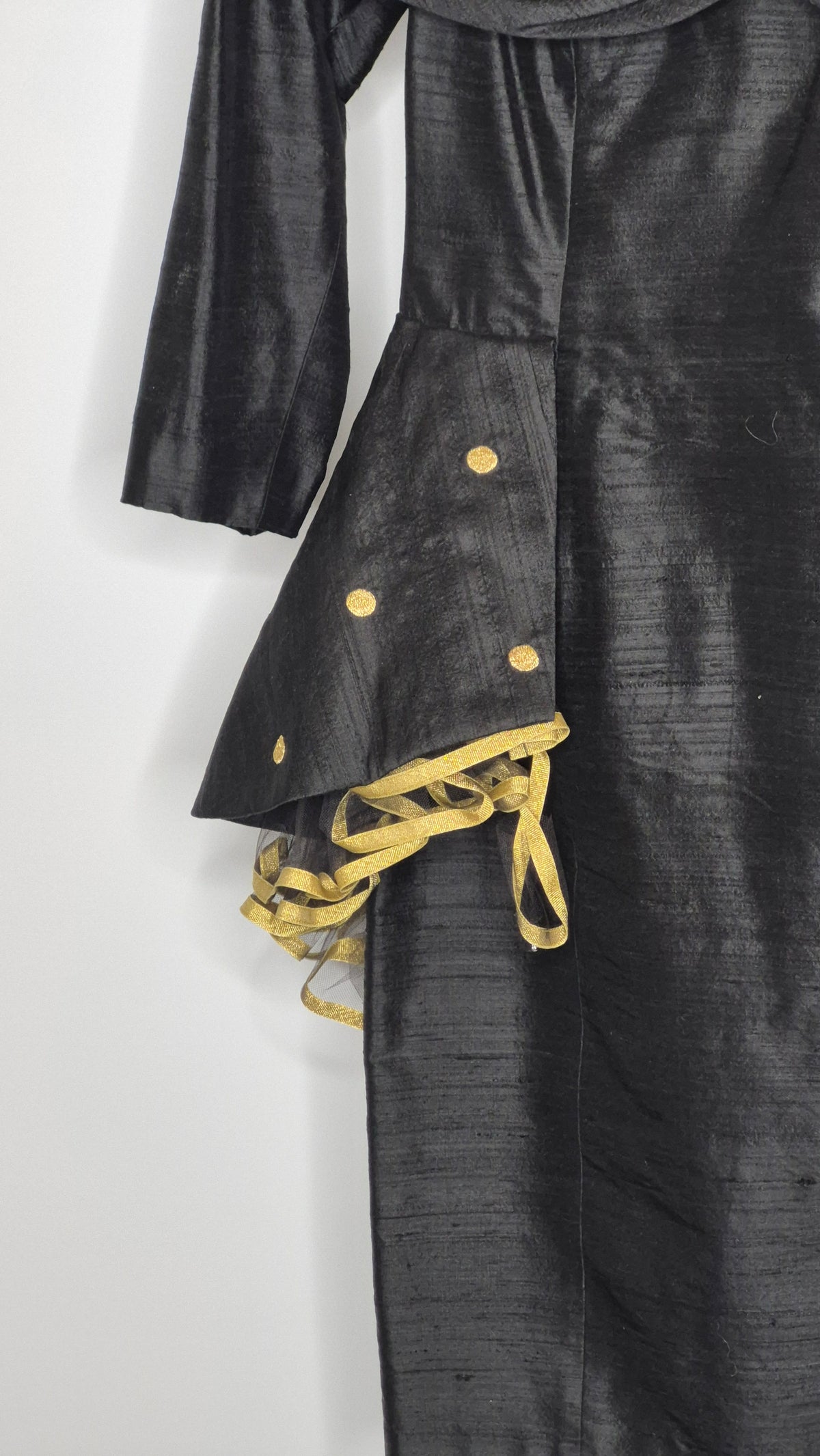 Saint Romei 1980s Black Raw Silk Off-the-Shoulder Gold Polka Dot Dress, Size 6