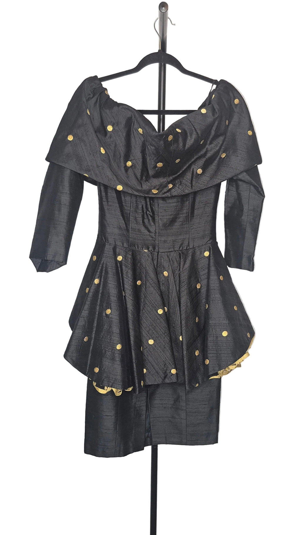 Saint Romei 1980s Black Raw Silk Off-the-Shoulder Gold Polka Dot Dress, Size 6