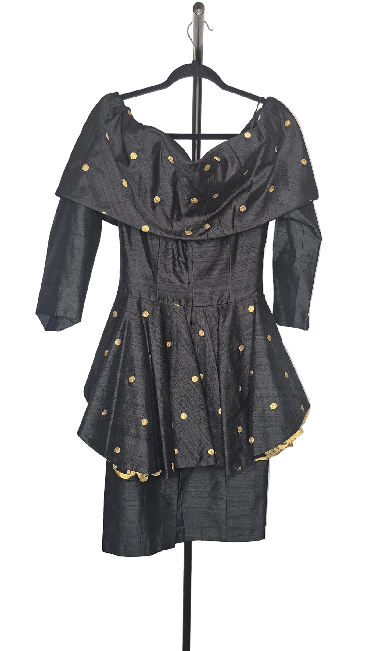 Saint Romei 1980s Black Raw Silk Off-the-Shoulder Gold Polka Dot Dress, Size 6