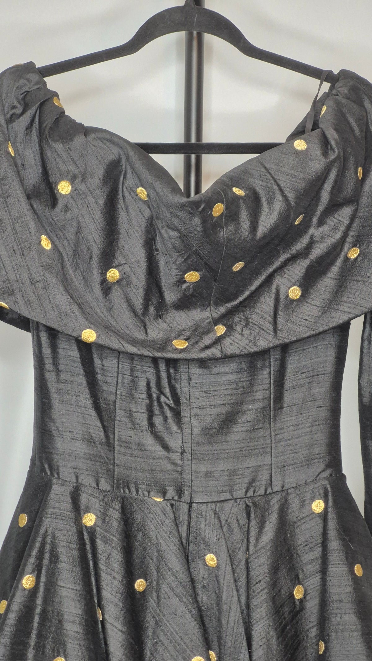Saint Romei 1980s Black Raw Silk Off-the-Shoulder Gold Polka Dot Dress, Size 6