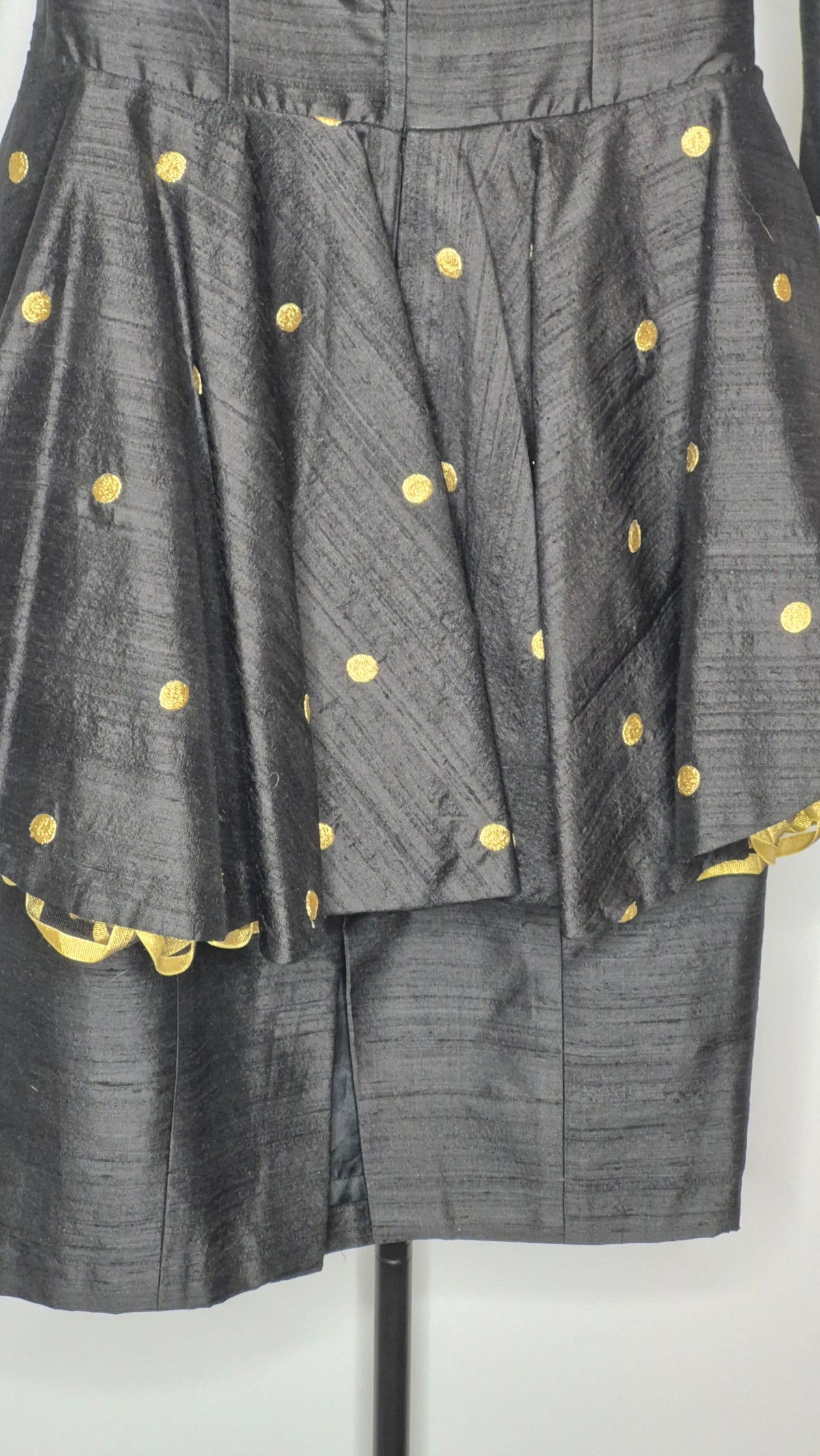 Saint Romei 1980s Black Raw Silk Off-the-Shoulder Gold Polka Dot Dress, Size 6