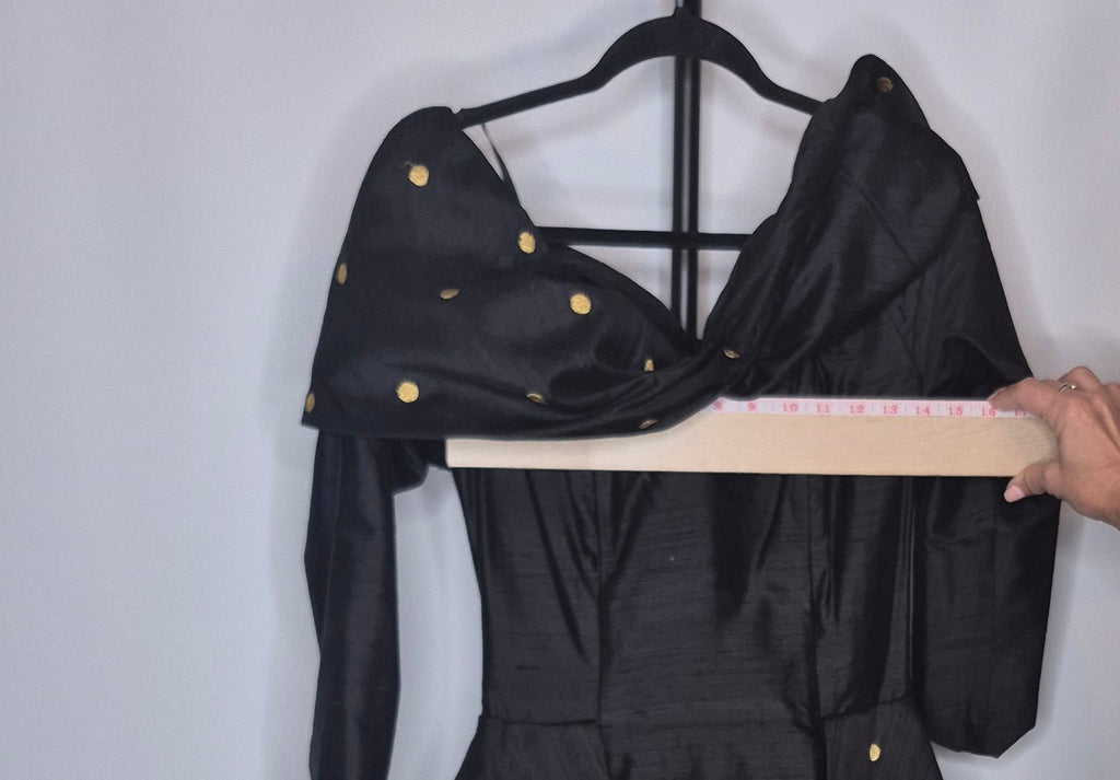 Saint Romei 1980s Black Raw Silk Off-the-Shoulder Gold Polka Dot Dress, Size 6