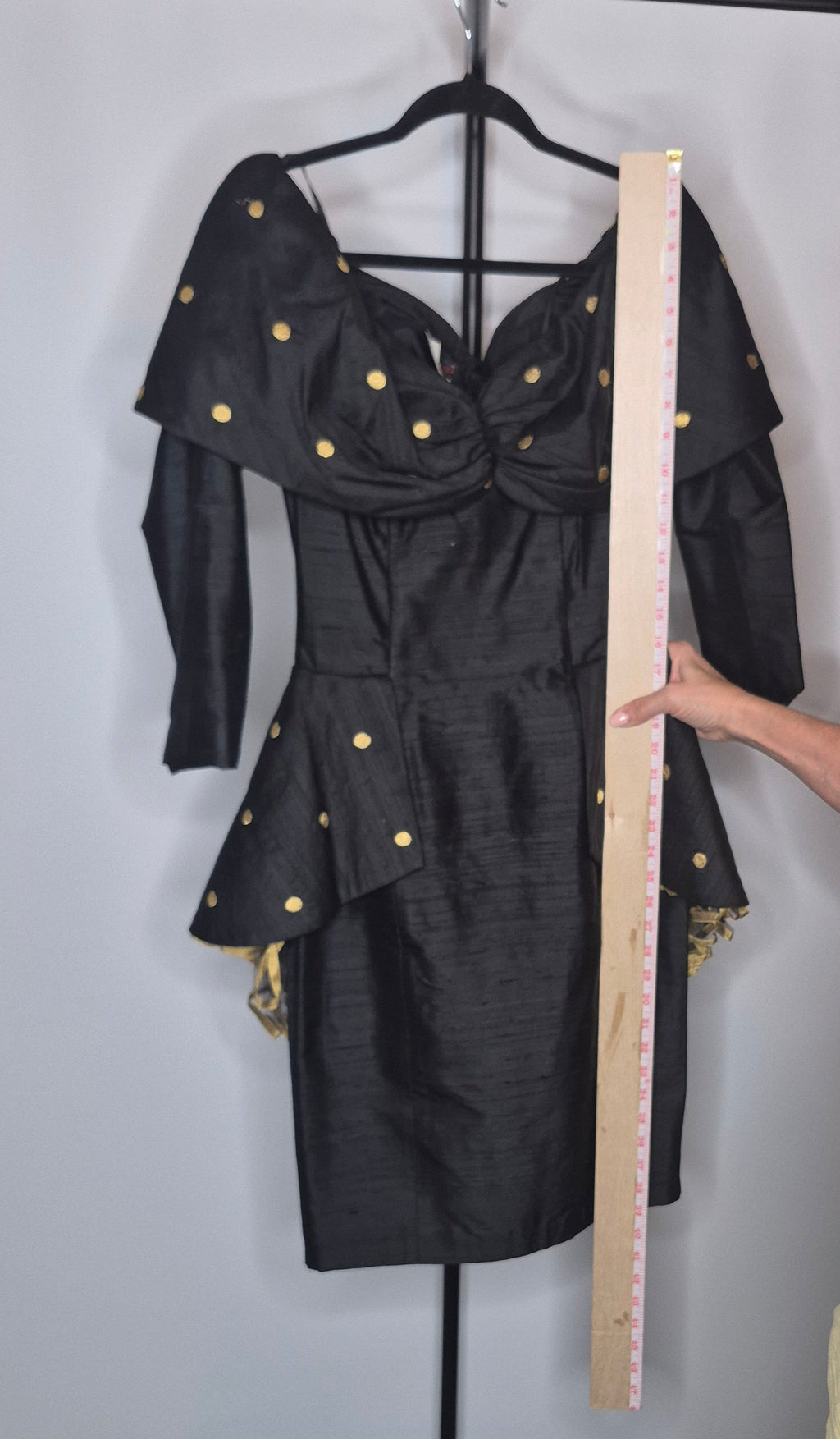 Saint Romei 1980s Black Raw Silk Off-the-Shoulder Gold Polka Dot Dress, Size 6